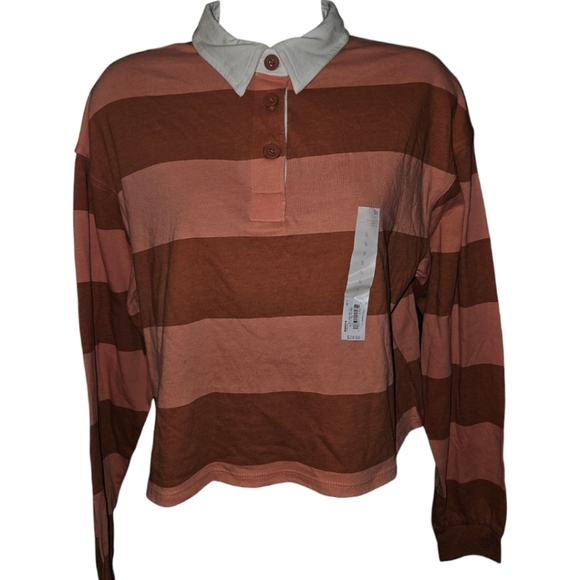 NWT SO Stripe Long Sleeve Collared Crop Top - Picture 1 of 4